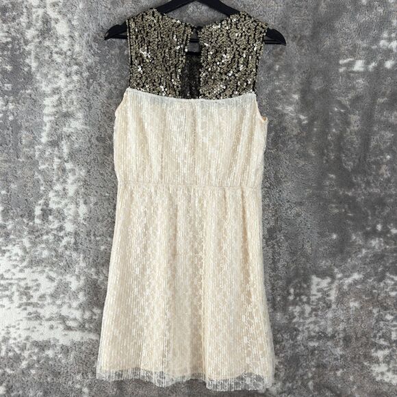 Mimi Chica Size L Floral Print Lace Sleeve Sequin Keyhole Fit Flared Mini Dress - Picture 2 of 8